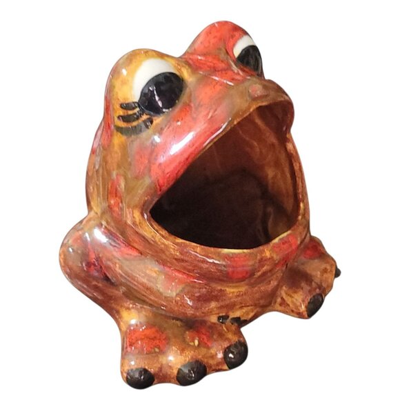 Vtg Ceramic Frog Sponge Holder Hand-painted 1970s Big Mouth Splatter Red Brown - Picture 1 of 15